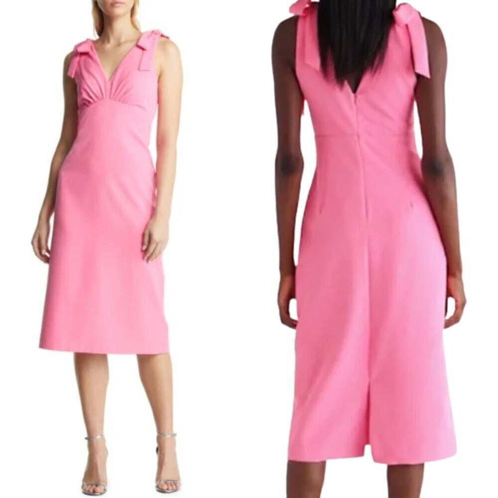 Julia Jordan V-Neck Tie Sheath Knee Length Dress Womens 12 Pink Bows Formal Chic